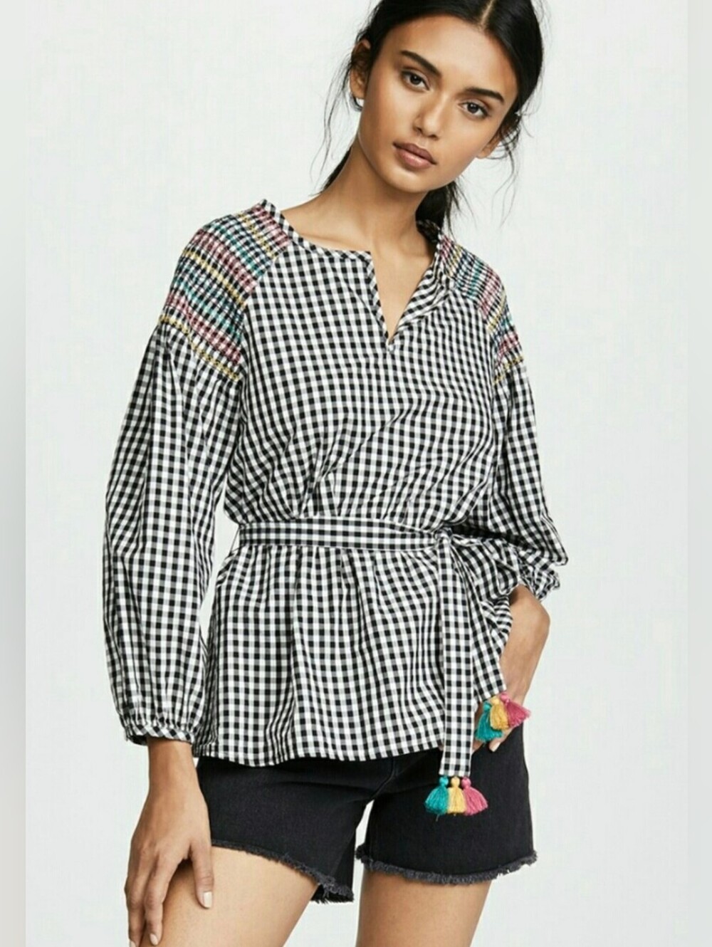 Madewell Smocked Gingham Top Cotton Black White Check Tassel Tie Waist Small